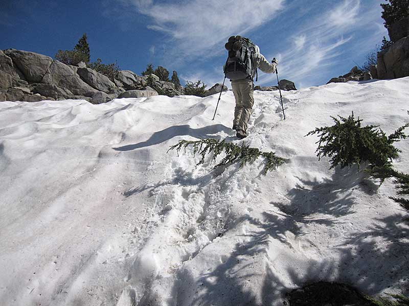 Climbing snowbank in Hoover Wilderness