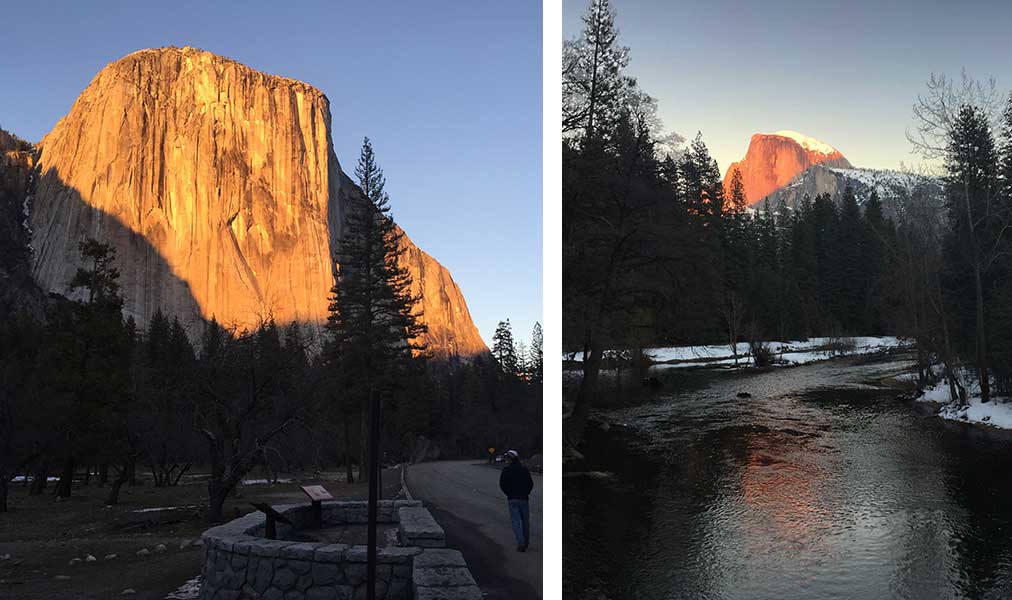 Sun setting on El Capitan and Half Dome