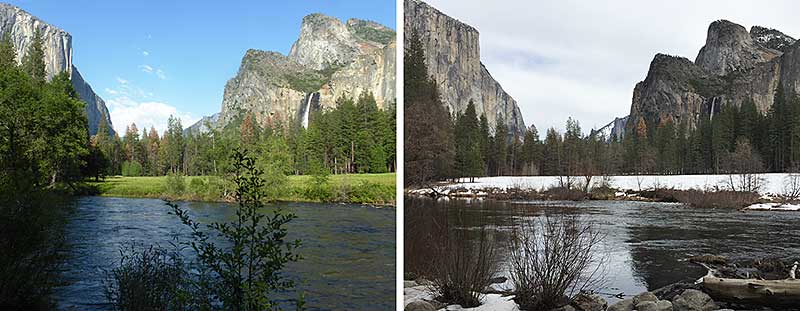 Bridal Veil Falls and the Merced River, Spring vs. Winter