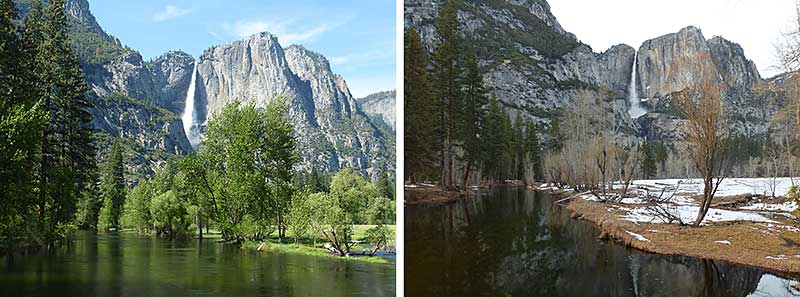 Merced River and Yosemite Falls - Spring vs. Winter