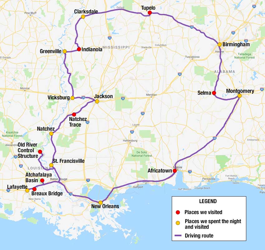 Map of our road trip through the Deep South