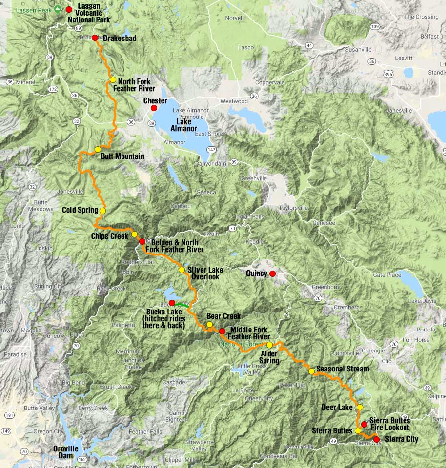 Map of PCT section hike from Sierra City to Drakesbad