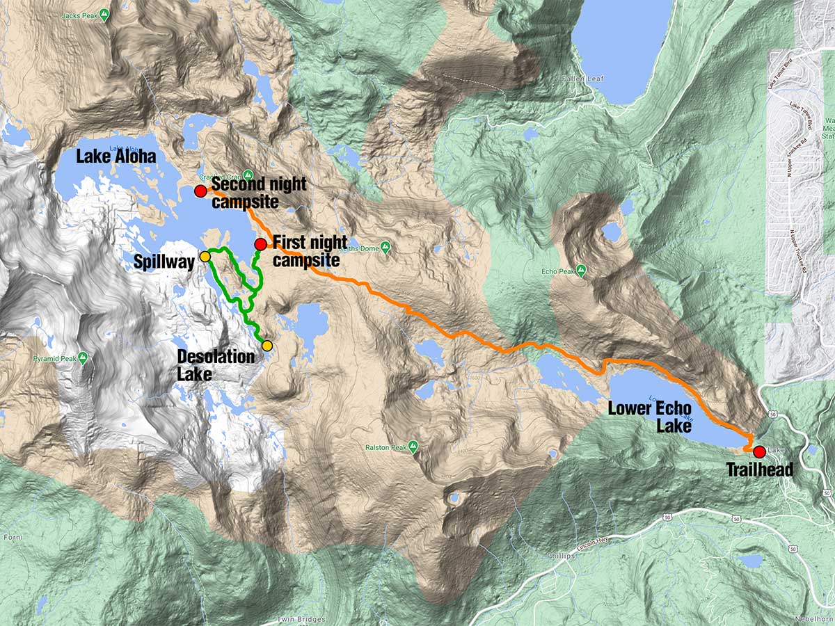 Map of our backpacking route to explore Lake Aloha
