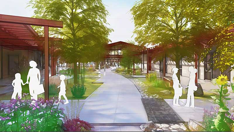 Architect rendering of courtyard showing dry creek bed