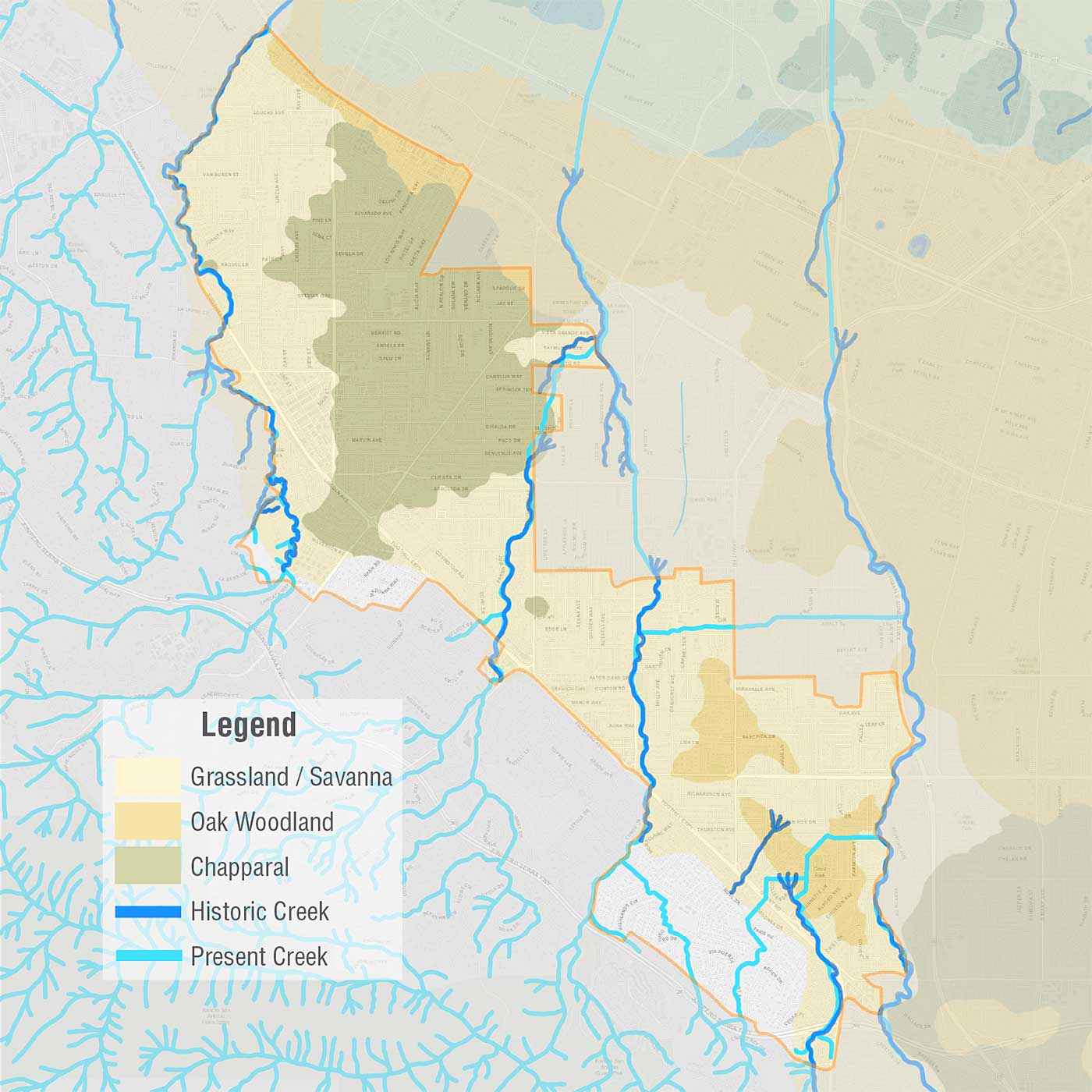 Historic landscape and creeks with present day roads and creeks