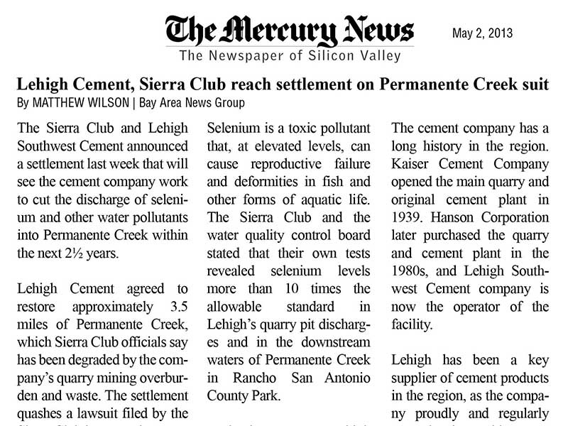 Mercury News article about settlement in Permanente Creek lawsuit